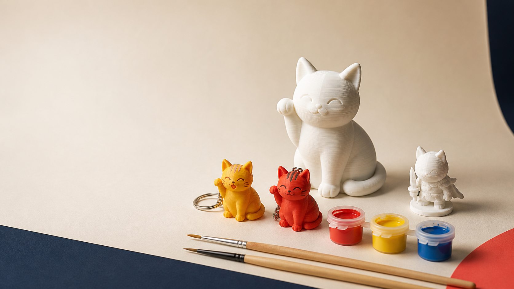 Gatinhos impressos em 3D, tintas e pincéis no atelier InovaVida 3D